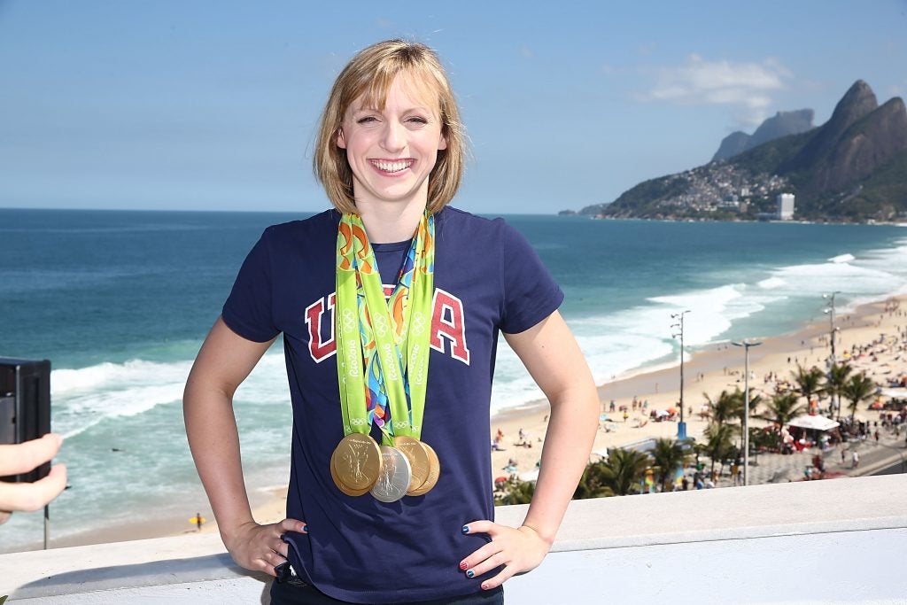 U.S. Olympian Katie Ledecky poses with her Olympic medals in Rio de Janeiro 