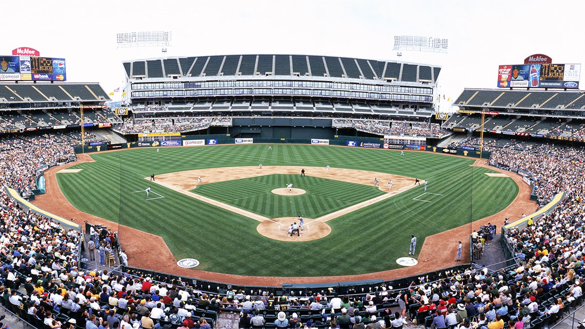 Panoramic view of McAfee Coliseum from behind home plate lower level during a game in 2005 