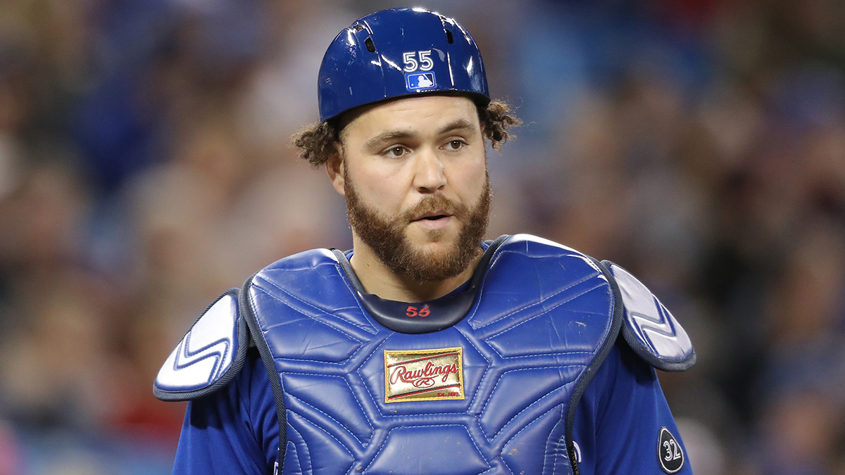Russel Martin geared up as catcher for the Toronto Blue Jays