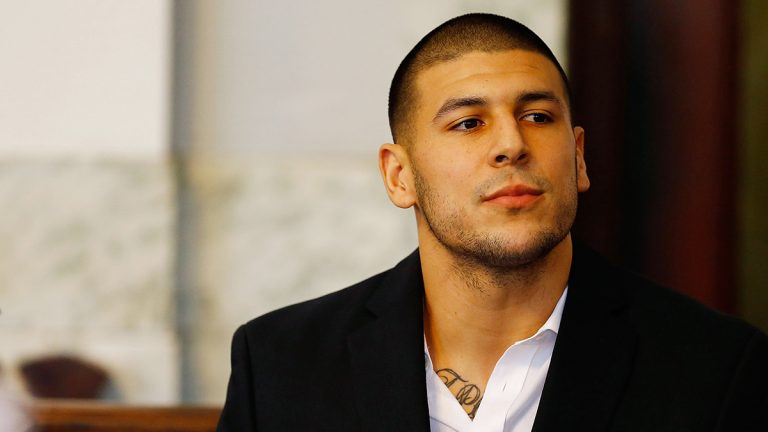 Aaron Hernandez sits in the courtroom of the Attleboro District Court during a pretrial hearing in 2013
