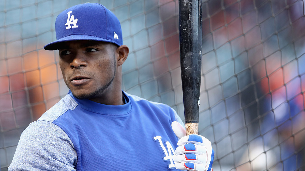 Yasiel Puig of the Los Angeles Dodgers warms up for a Major League Baseball game