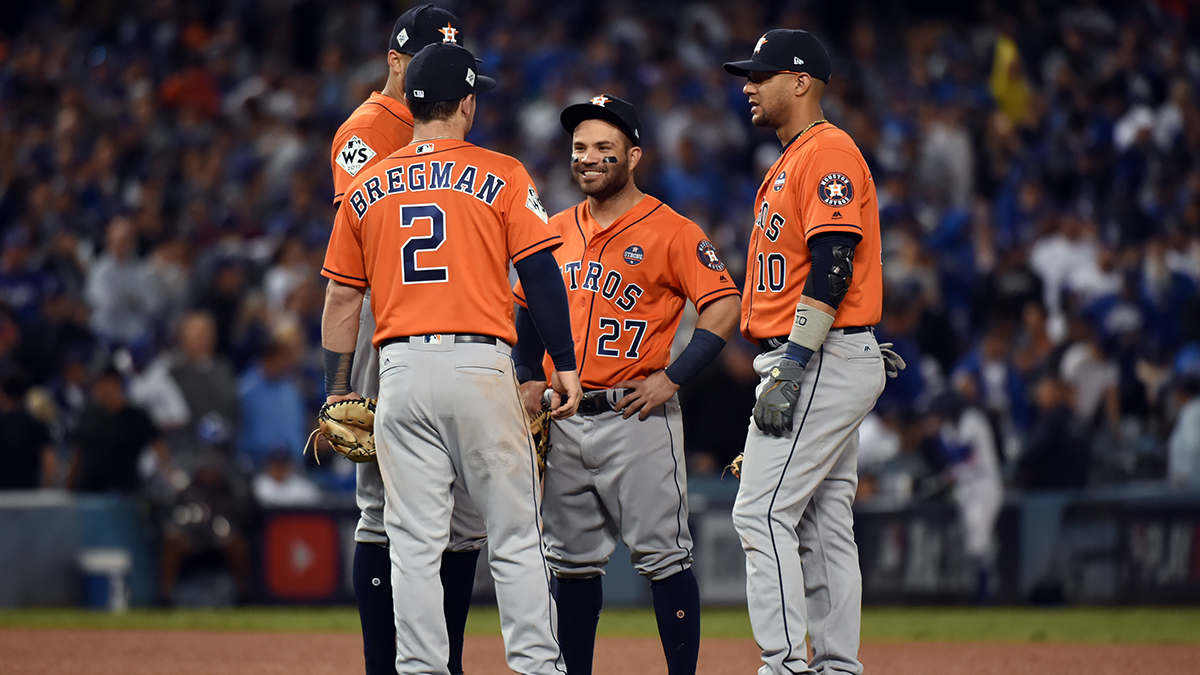 Jose Altuve, Yuli Gurriel, Alex Bregman, and Carlos Correa of the Houston Astros gather during a World Series game against the Los Angeles Dodgers