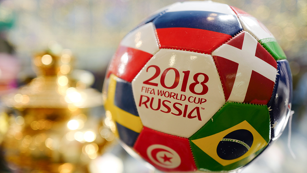 The side of a soccer ball from the 2018 World Cup in Russia