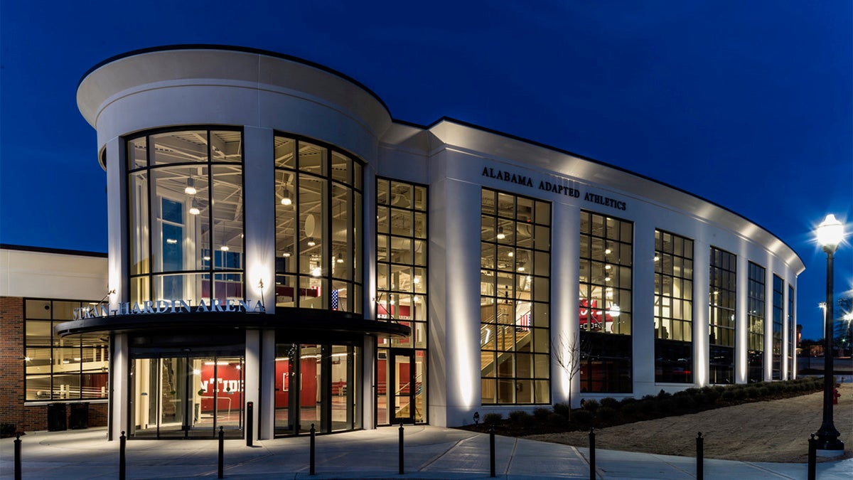 An Alabama athletics building at dawn on campus at University of Alabama