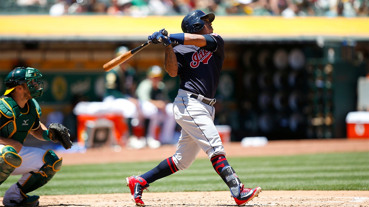 Jose Ramirez looking at ball after hit against the Oakland 