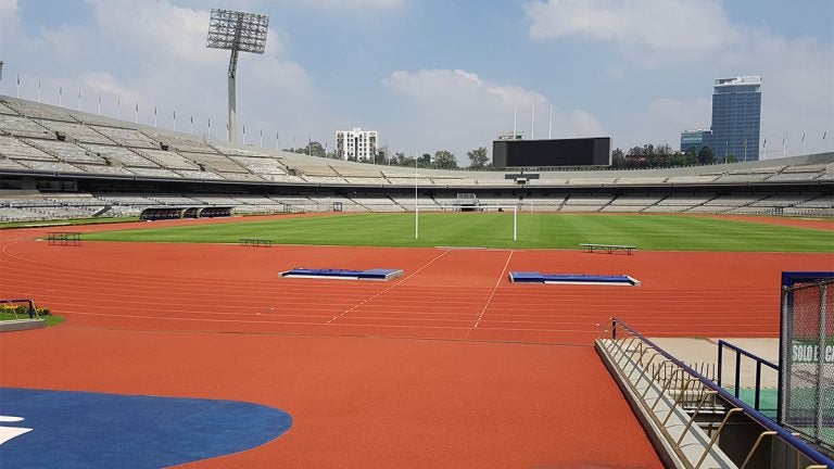 An empty field at the Estadio Olímpico Universitario in Mexico City
