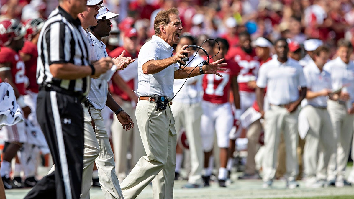 Head Coach Nick Saban yells during a game in September 2018