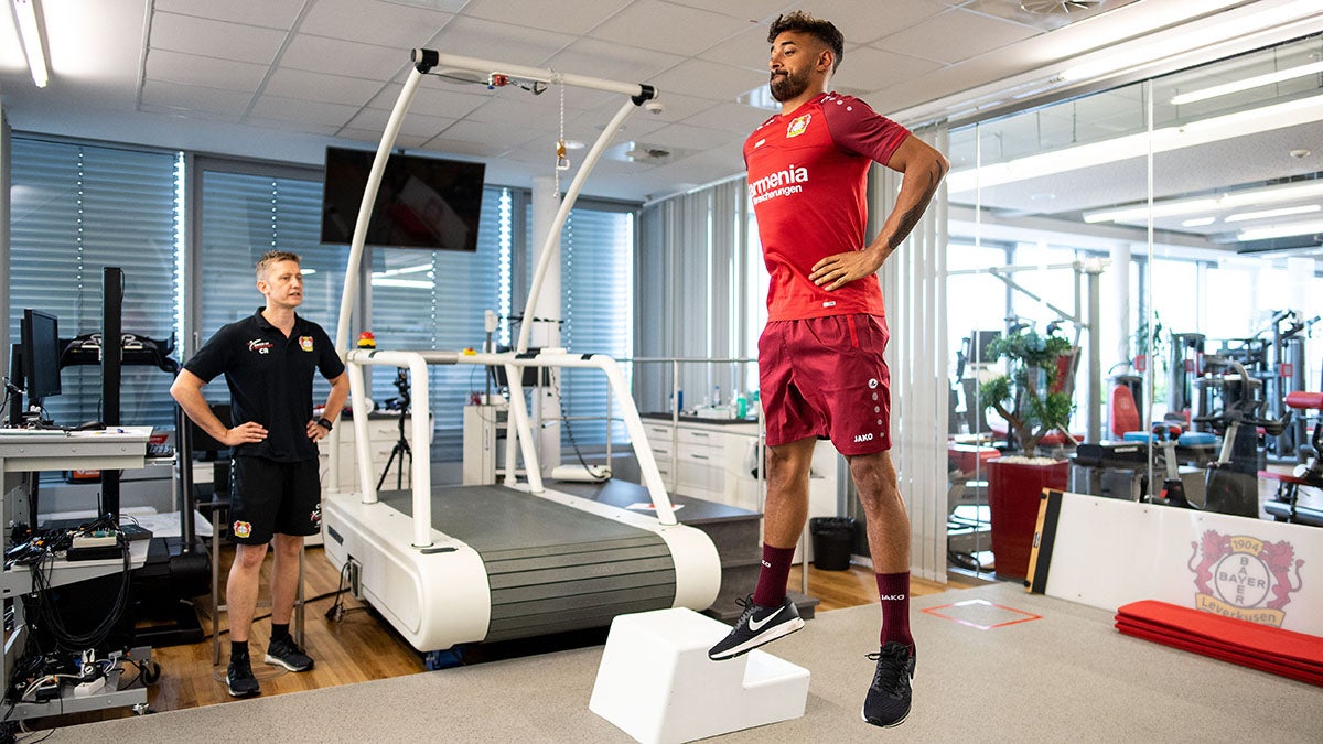 Bayer 04 Leverkusen player Karim Bellarabi takes part in a jump test