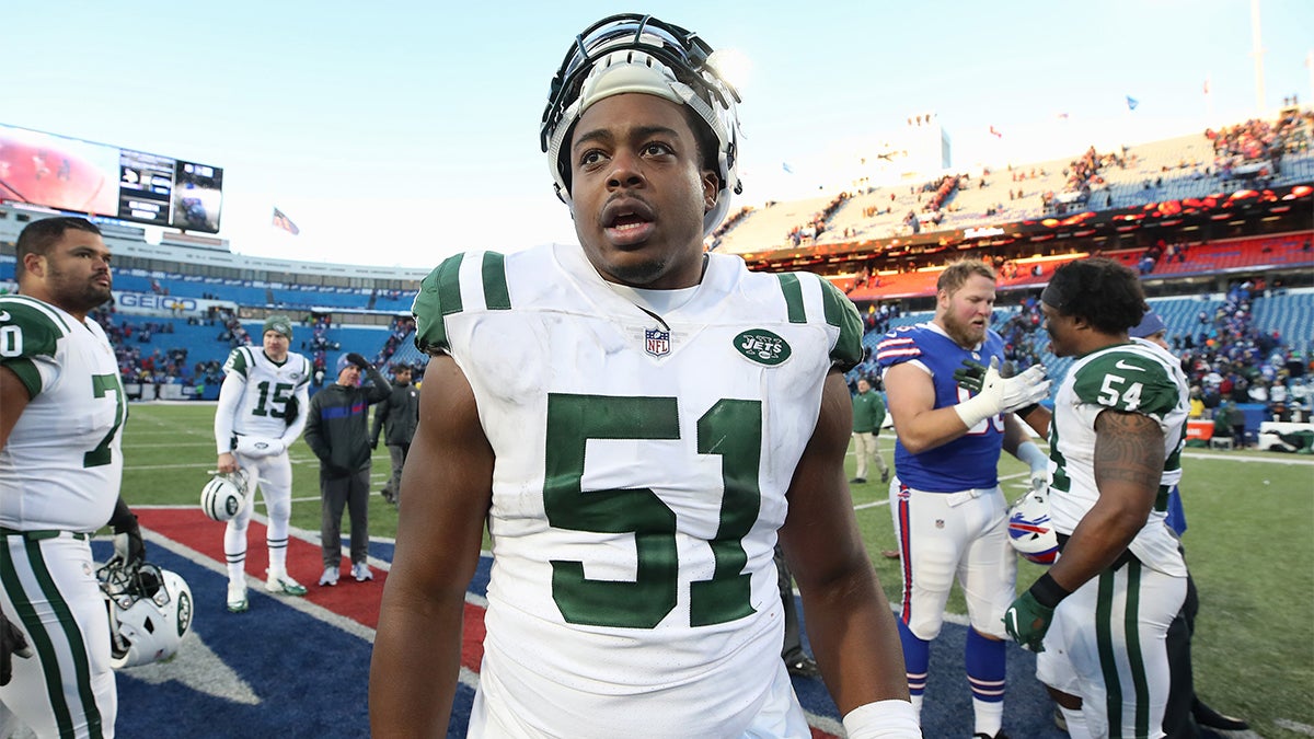 East Rutherford, New Jersey, USA. 10th Nov, 2019. New York Jets linebacker Frankie  Luvu (50) and outside linebacker Brandon Copeland (51) reacts to the win  following the NFL game between the New