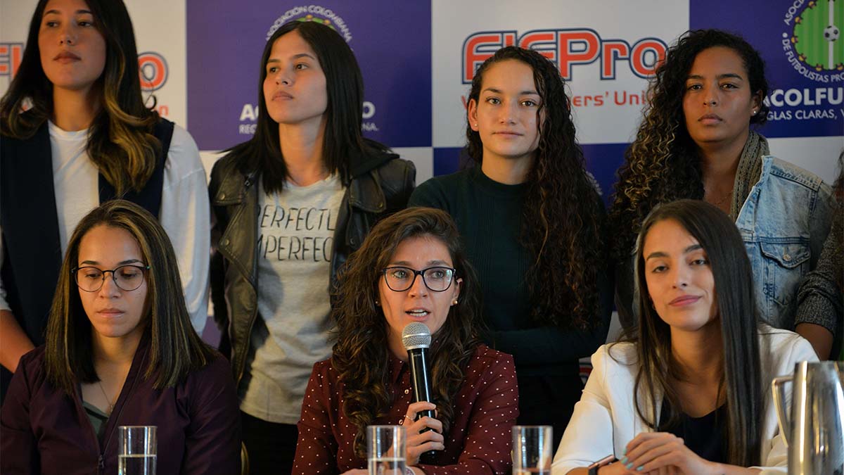 Colombian footballer Natalia Gaitan speaks during a press conference of the Colombian women's national football team.