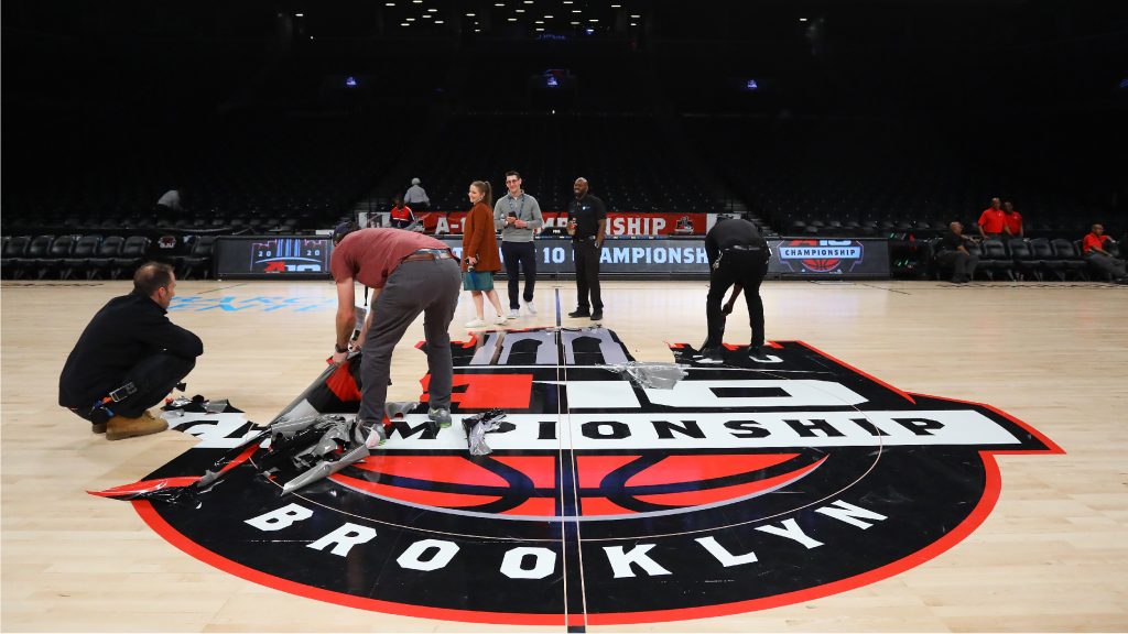 NEW YORK, NEW YORK - MARCH 12: The court is dismantled following the announcement that the 2020 Atlantic 10 Men's Basketball Tournament has been cancelled on March 12, 2020 in the Brooklyn Borough of New York City. Tournament games have been cancelled amid growing concerns of the spread of COVID-19 (Coronavirus). (Photo by Mike Stobe/Getty Images)