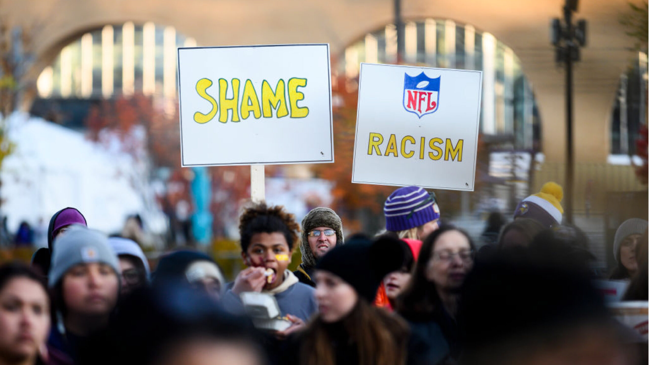 MINNEAPOLIS, MN - OCTOBER 24: Protestors rally outside U.S. Bank Stadium before the game between the Washington Redskins and Minnesota Vikings on October 24, 2019 in Minneapolis, Minnesota. A number of Native American leaders and local politicians spoke about the Washington nickname. (Photo by Stephen Maturen/Getty Images)
