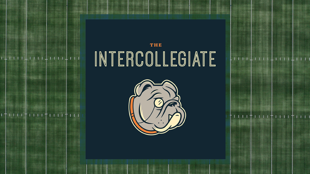 The Intercollegiate logo with green and navy background and a bull dog