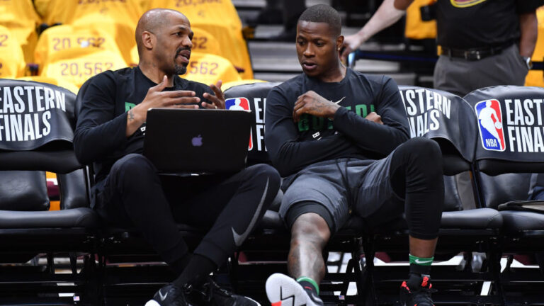 CLEVELAND, OH - MAY 21: Boston Celtics assistant coach Jerome Allen speaks to Terry Rozier #12 before Game Four of the 2018 NBA Eastern Conference Finals against the Cleveland Cavaliers at Quicken Loans Arena on May 21, 2018 in Cleveland, Ohio. (Photo by Jamie Sabau/Getty Images)