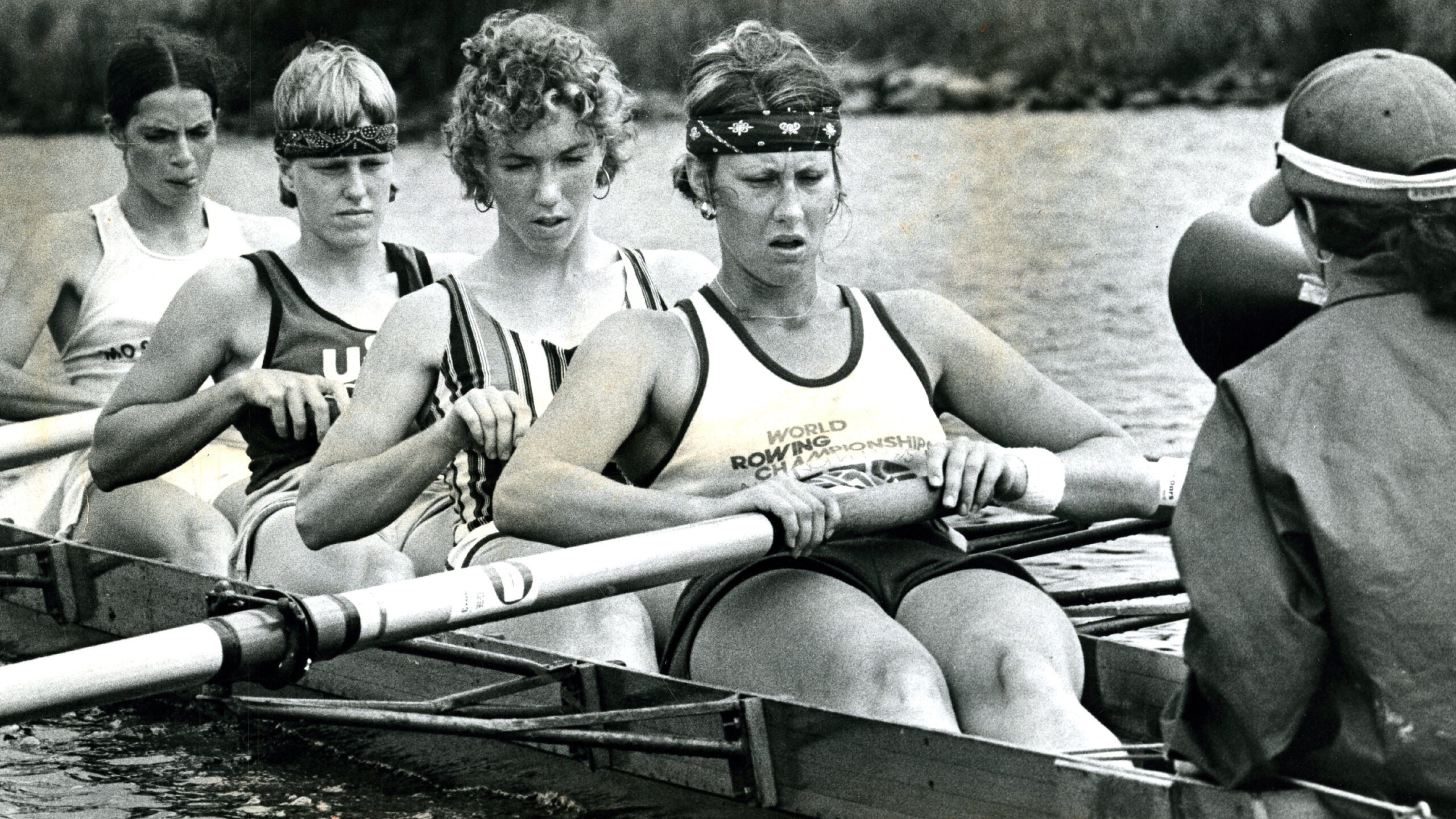 JUNE 17: The 1976 Yale University rowing team, right to left (stern to bow), Gloria Graz, Jackie Zoch, Nancy Storrs, Chris Ernst and Carol Brown. (Photo by Stan Grossfeld/The Boston Globe via Getty Images)