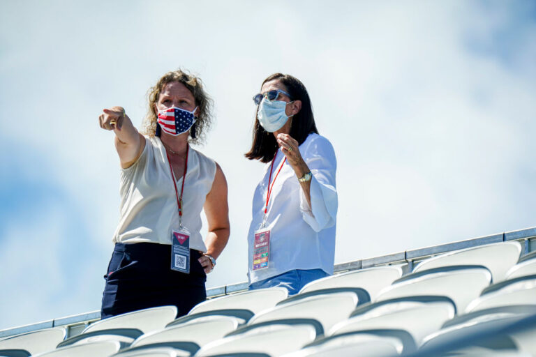 LEESBURG, VA - SEPTEMBER 5: Washington Spirit Director of Growth Gretchen Hamm, left, speaks with NWSL Commissioner Lisa Baird during a game between Sky Blue FC and Washington Spirit at Segra Field on September 5, 2020 in Leesburg, Virginia. (Photo by Timothy Nwachukwu/ISI Photos/Getty Images).