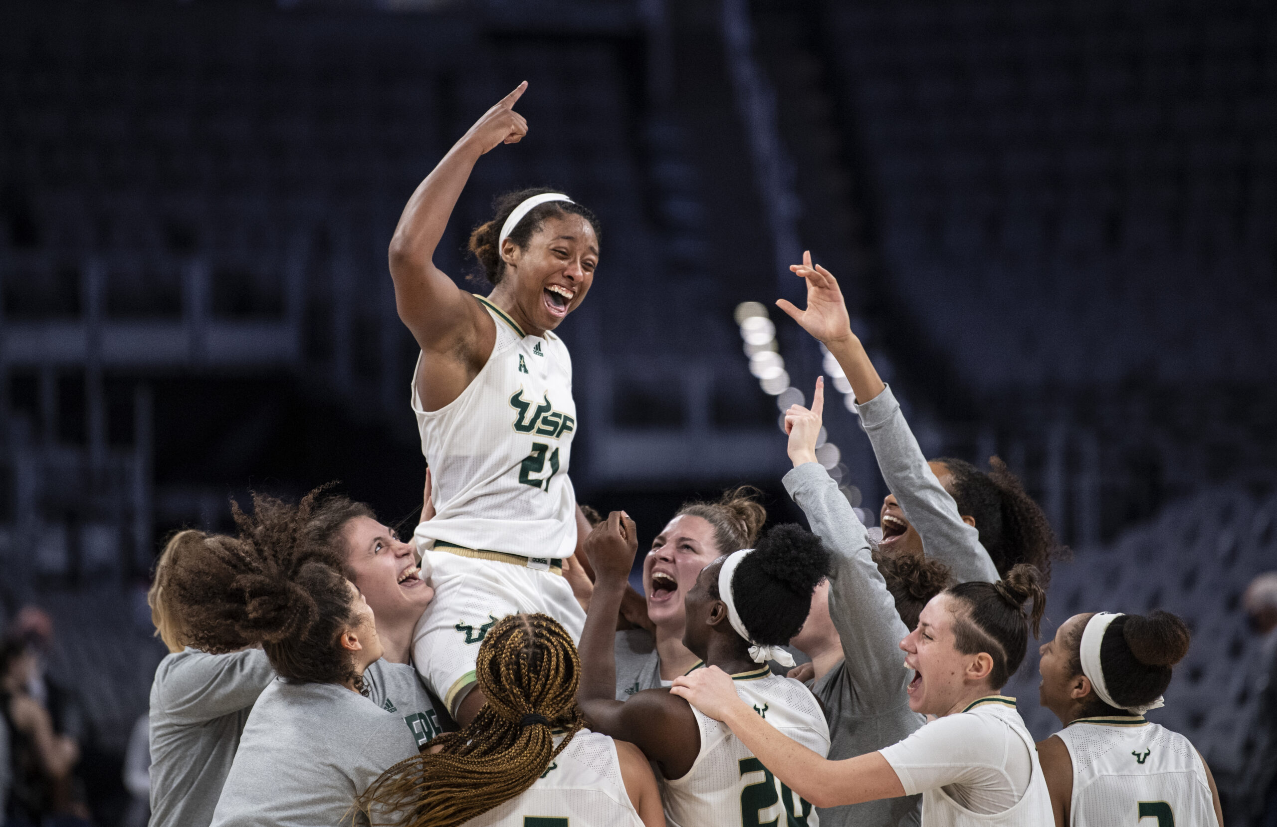 Shae Leverett #21 of the South Florida Bulls reacts after winning the American Athletic Conference Women's Basketball Championship game against the UCF Knights at Dickies Arena on March 11, 2021 in Fort Worth, Texas. (Photo by Benjamin Solomon/Getty Images)