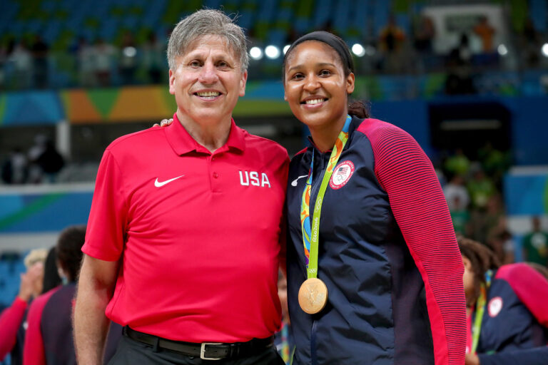 Assistant coach Doug Bruno of Team USA and gold medalist Maya Moore #7 of United States pose after the Women's Basketball competition on Day 15 of the Rio 2016 Olympic Games at Carioca Arena 1 on August 20, 2016 in Rio de Janeiro, Brazil. (Photo by Tom Pennington/Getty Images)